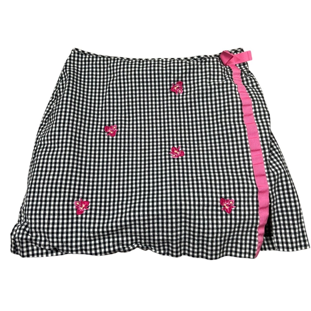 Vintage Gingham Skirt Black White Floral Embroidery Bow Size M Cottage Core‎